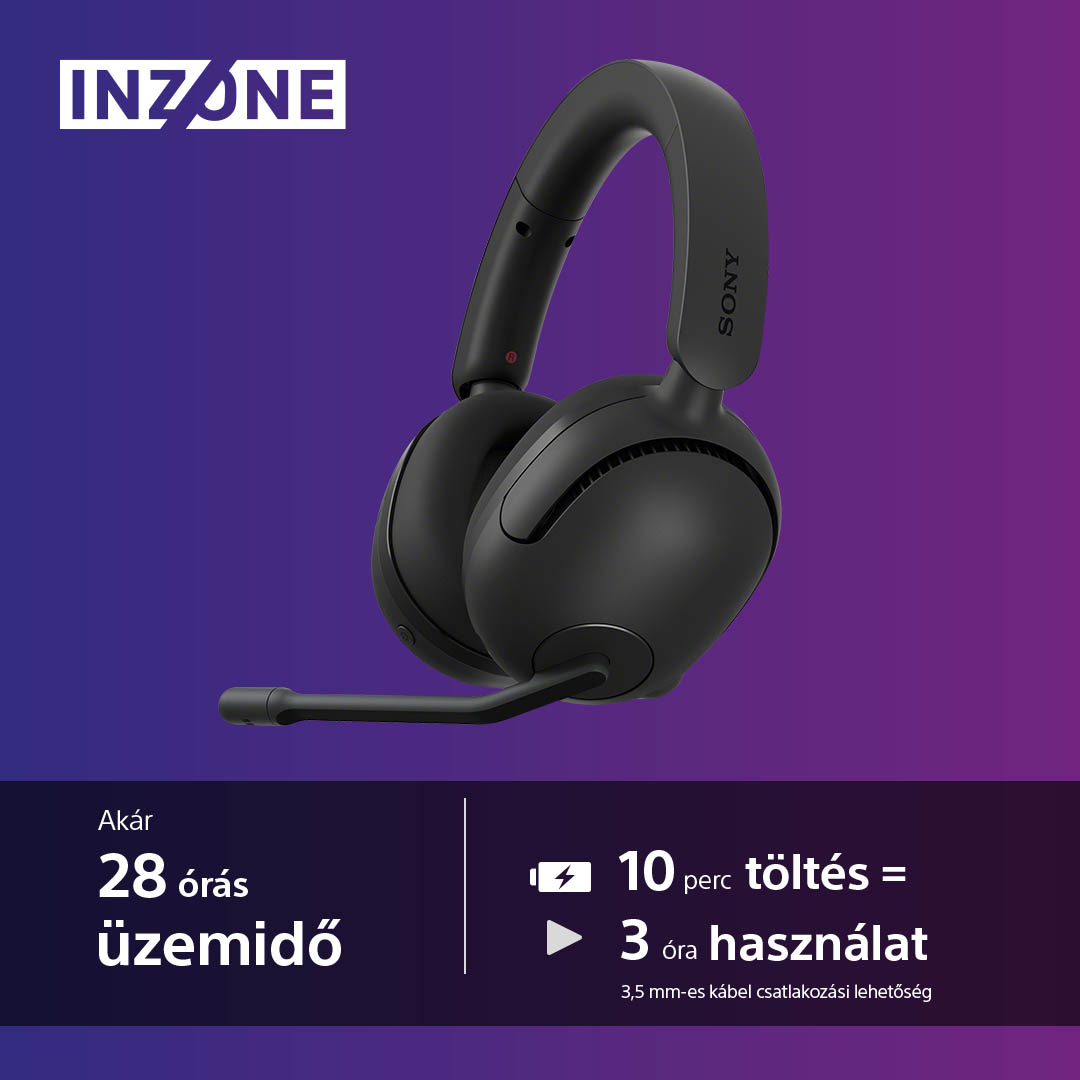 Fekete gamer fejhallgató mikrofonnal, termékfotó lila háttérrel.
