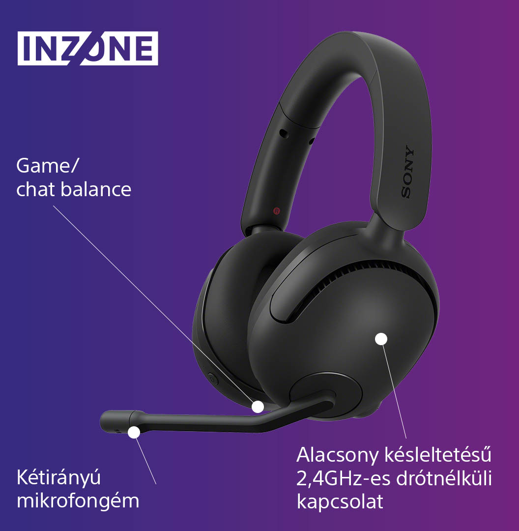 Fekete gamer headset mikrofonnal, magyar feliratokkal.