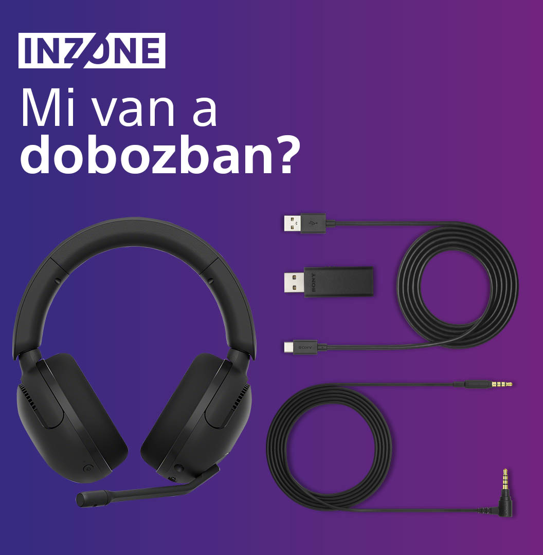 Fekete Inzone gaming headset és tartozékok. Kábelek, USB és egy dongle kék-lila gradiensen.