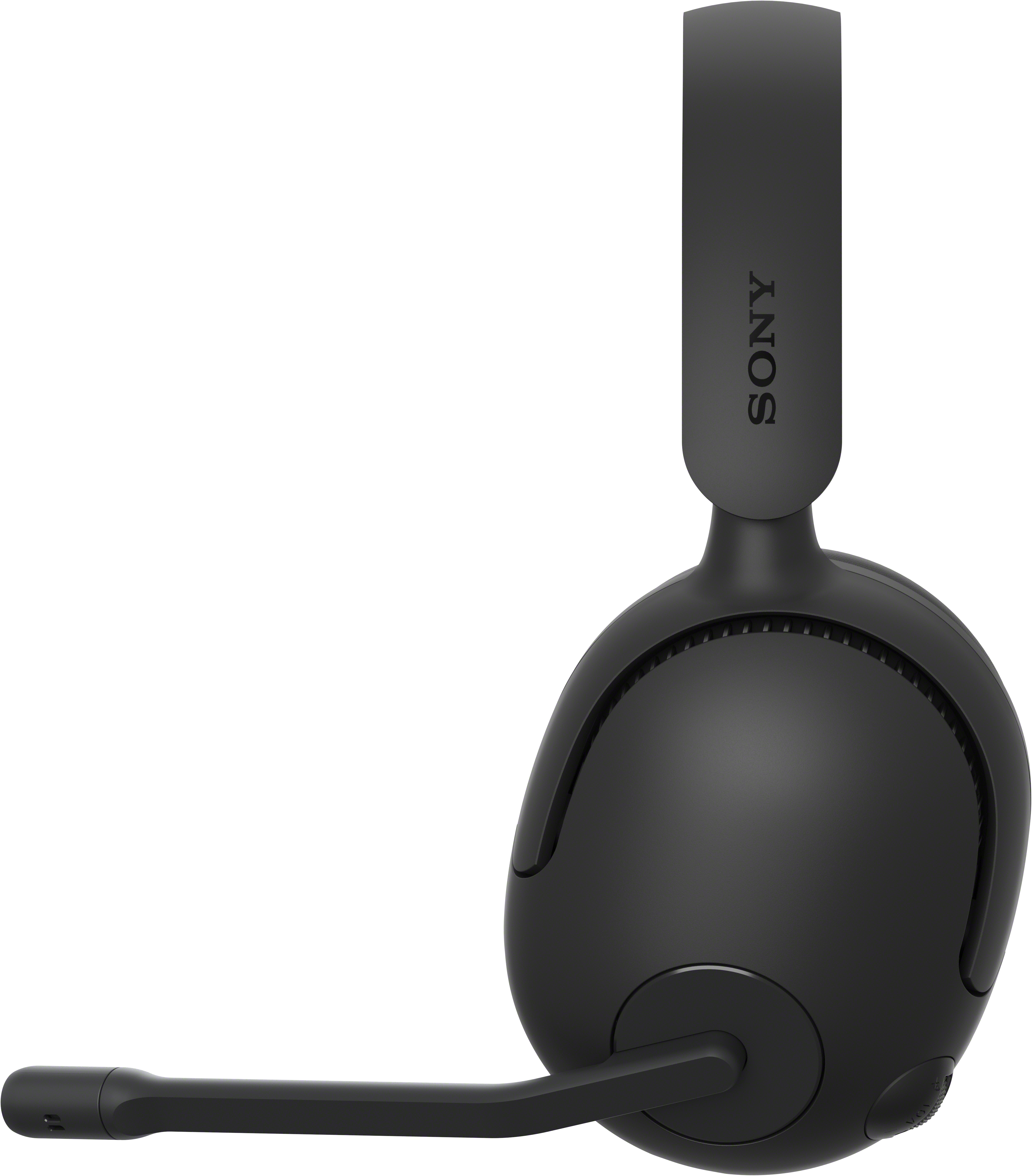 Fekete Sony fejhallgató mikrofonnal. Fekete háttér.