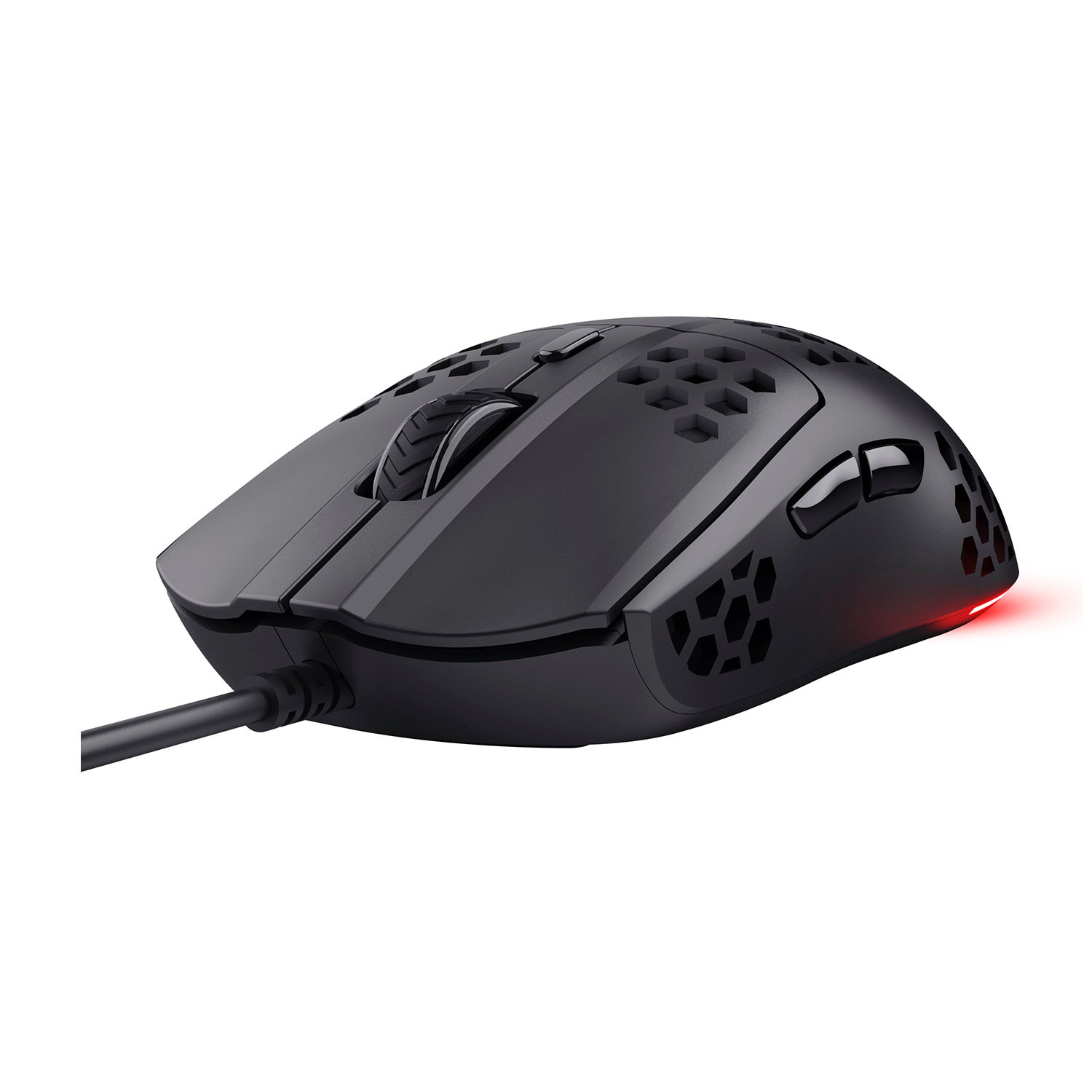 Un mouse da gioco nero con design a nido d'ape e LED rosso.