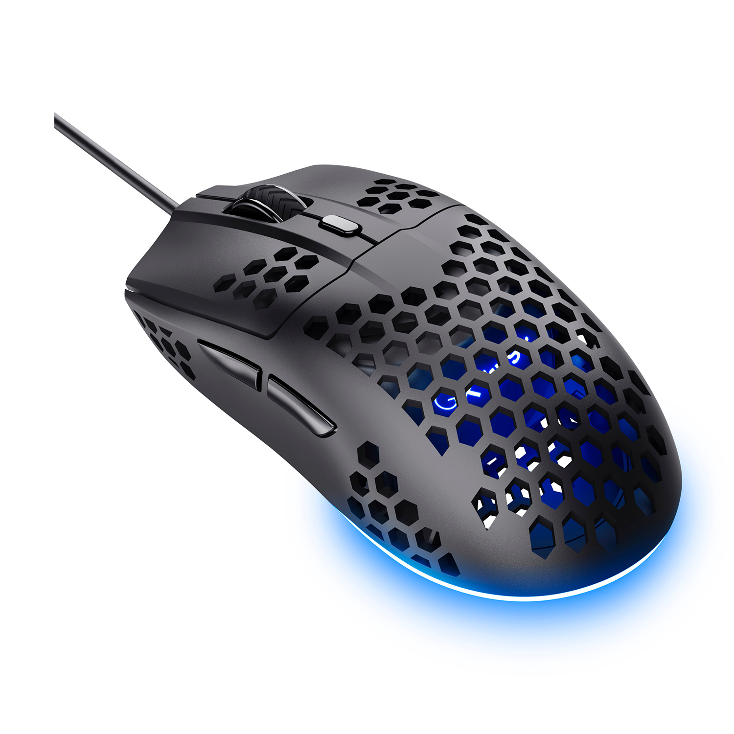 Mouse da gaming nero con design a nido d'ape e luce blu. Con cavo.