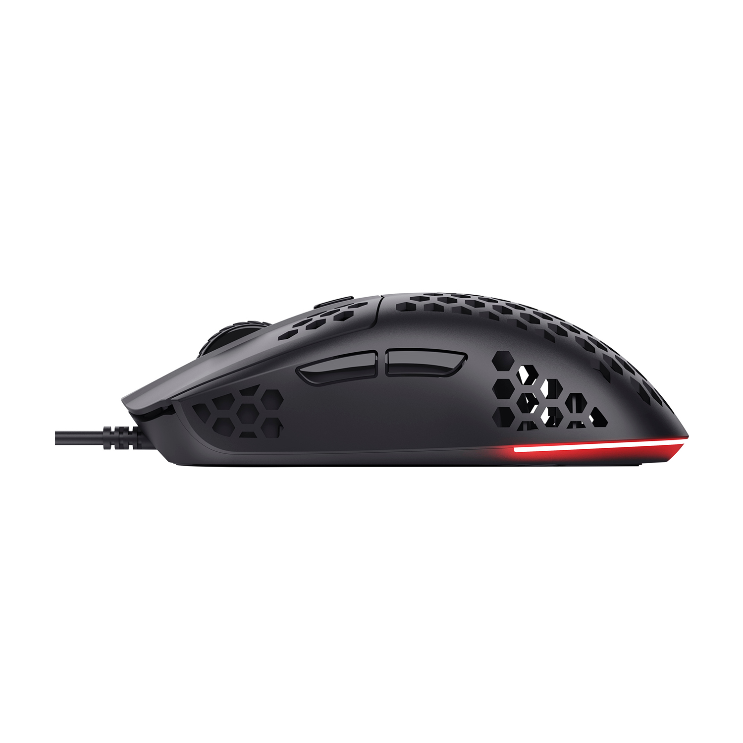 Mouse da gioco nero. Ha un design a nido d'ape e una luce rossa nella parte inferiore.