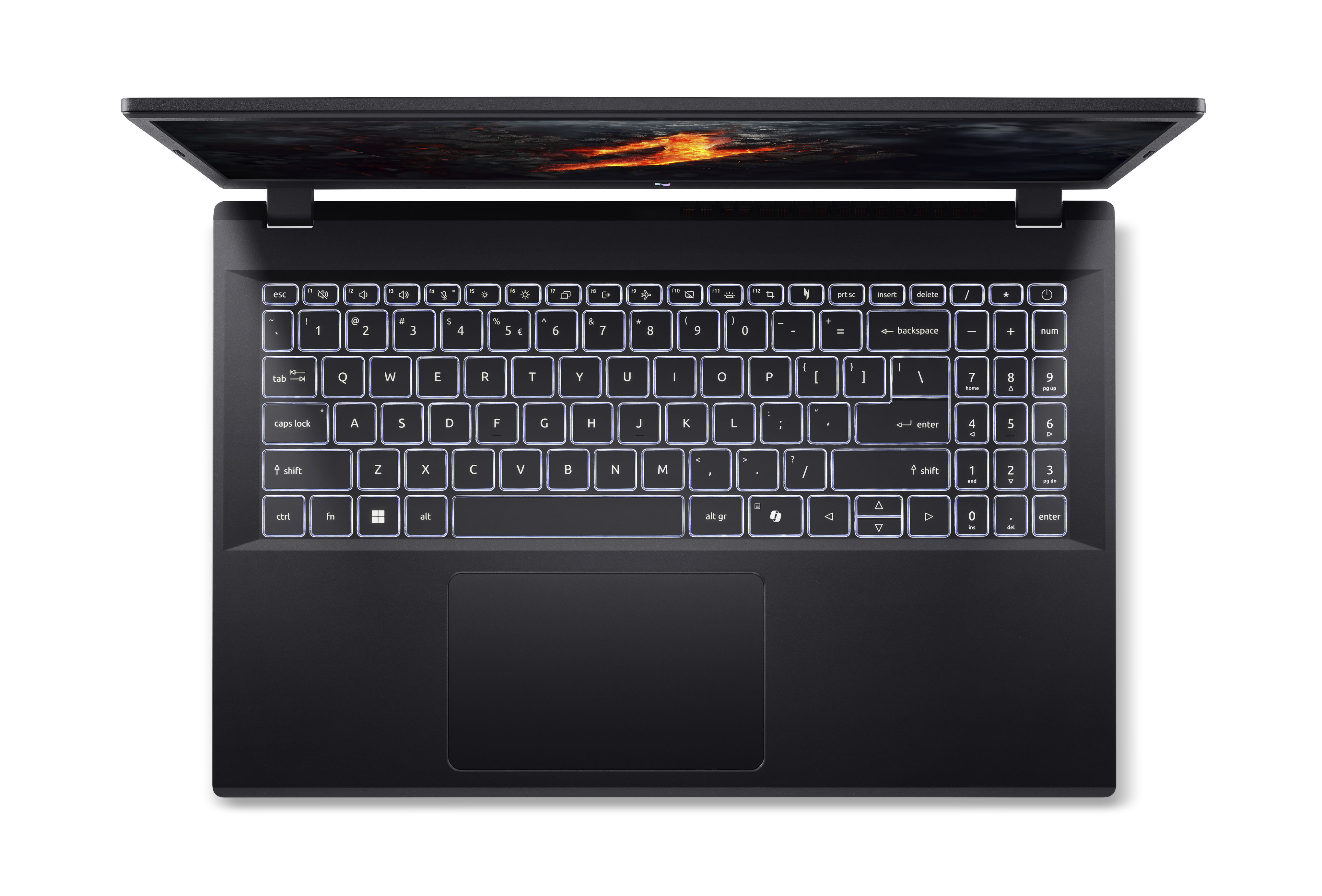 Ordenador portátil negro con teclado iluminado. La pantalla está apagada y el fondo es negro.