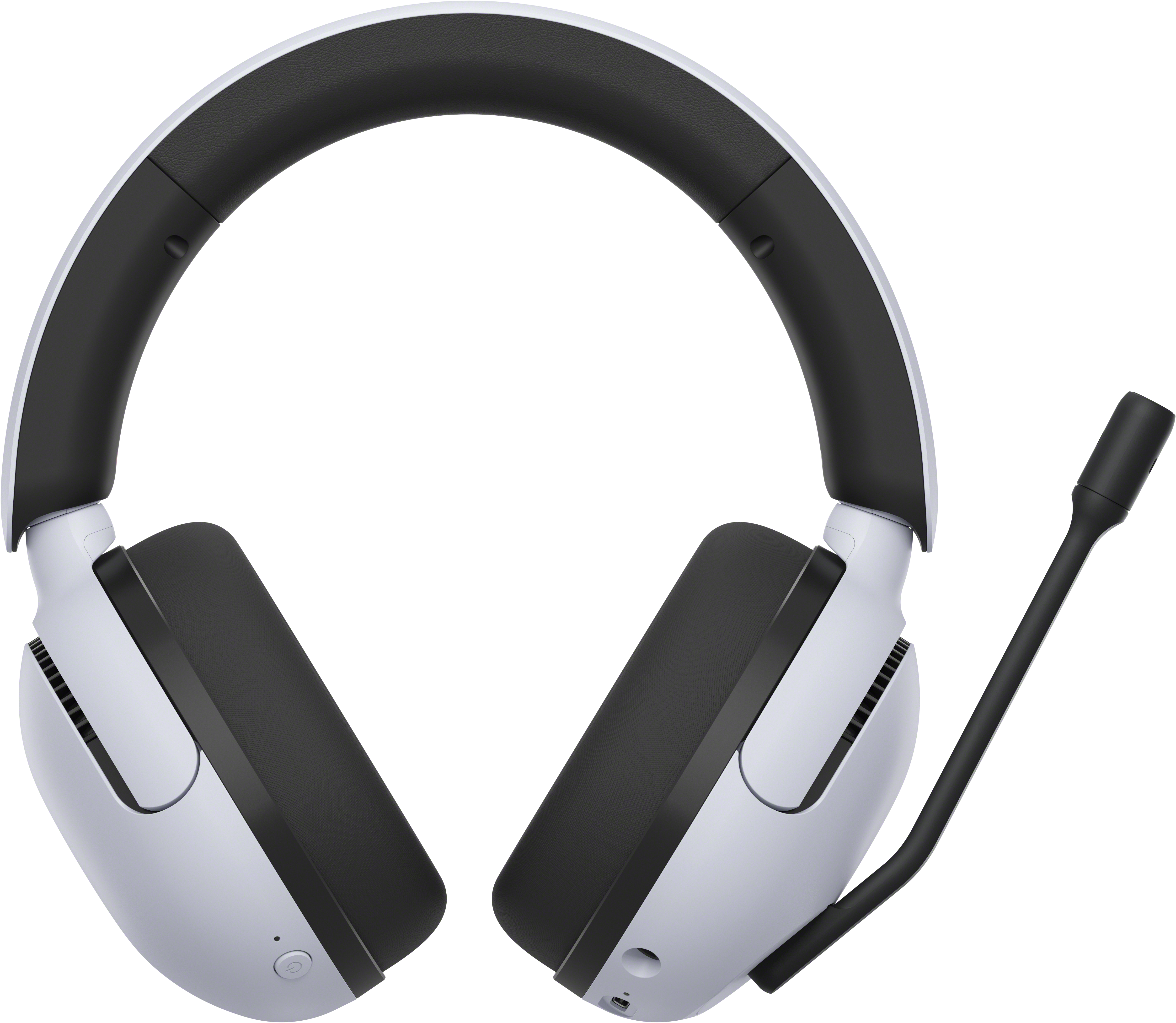 Fehér-fekete headset csatlakoztatott mikrofonnal, jobbra döntve.