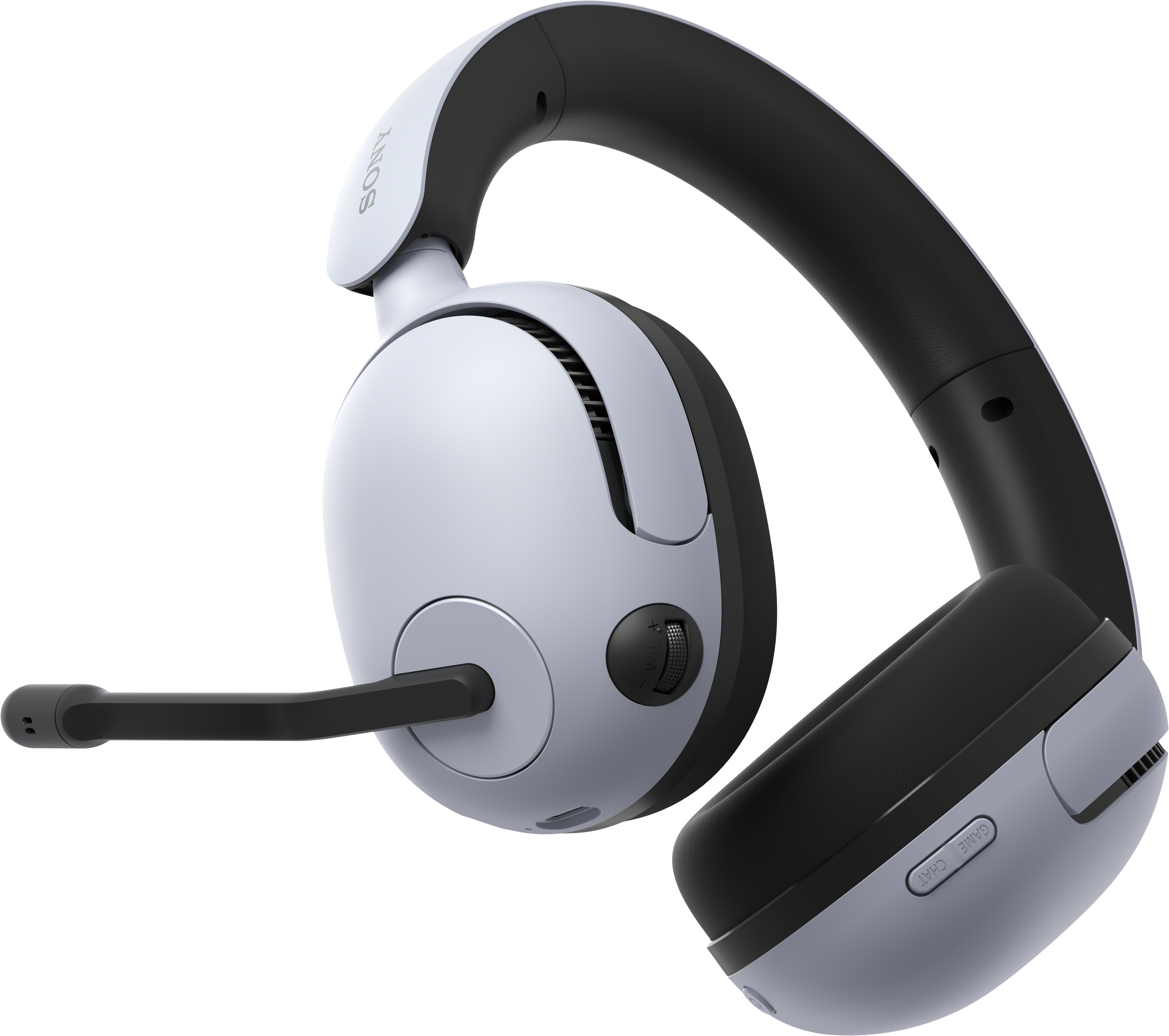 Fehér és fekete gaming headset mikrofonnal. Sony logó látható az oldalán.