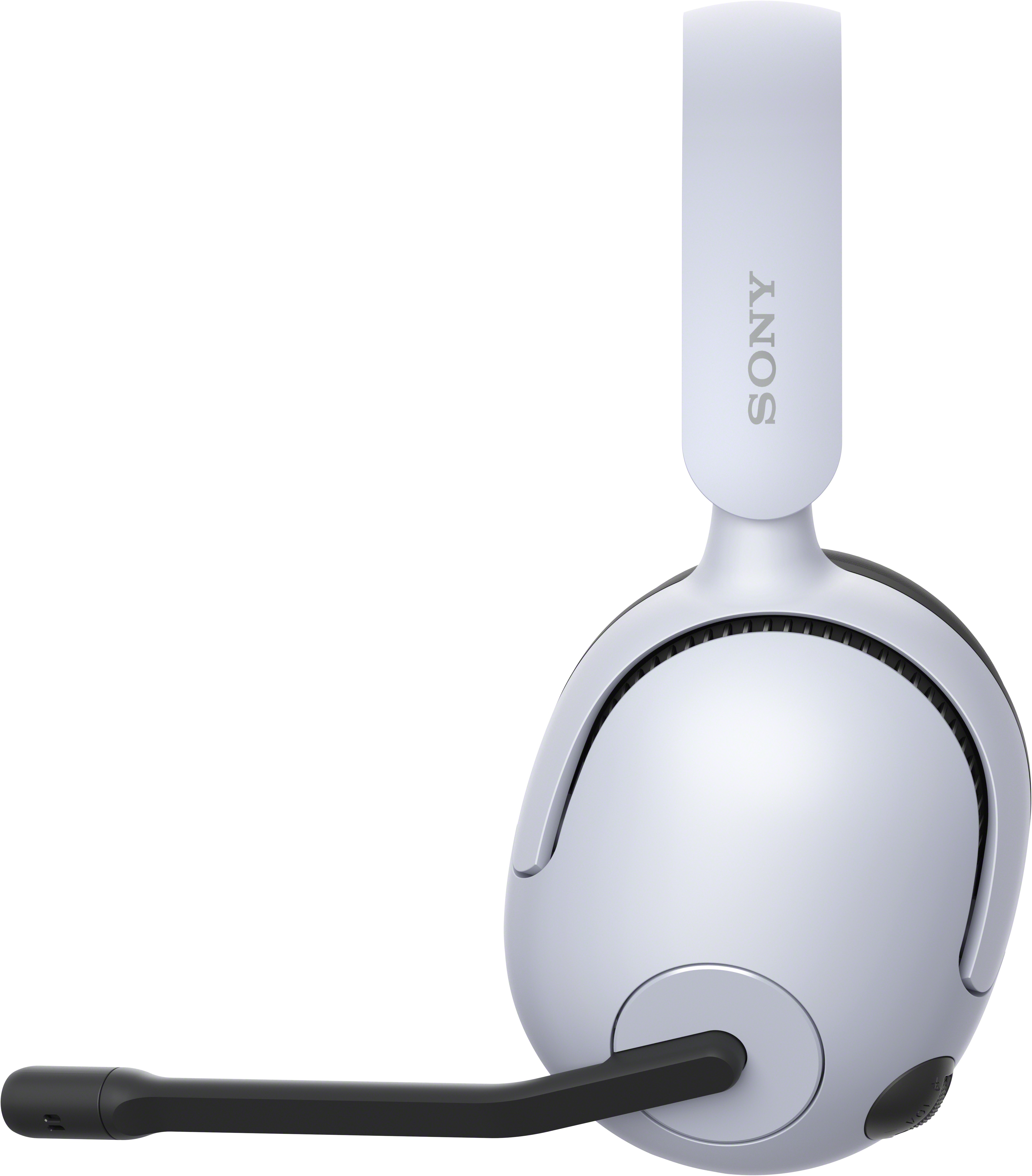 Fehér Sony gamer headset fekete mikrofonnal. Fekete háttér. Modern design. Szöveg: SONY.