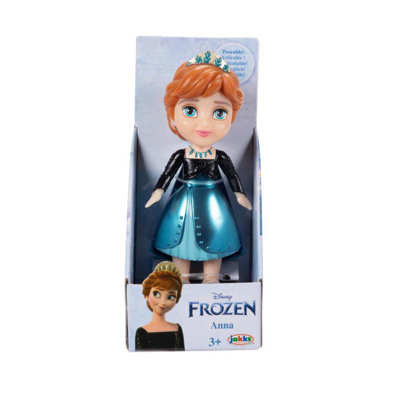 Frozen Anna Puppe in der Box. Anna hat ein blaues Kleid und trägt eine Krone.