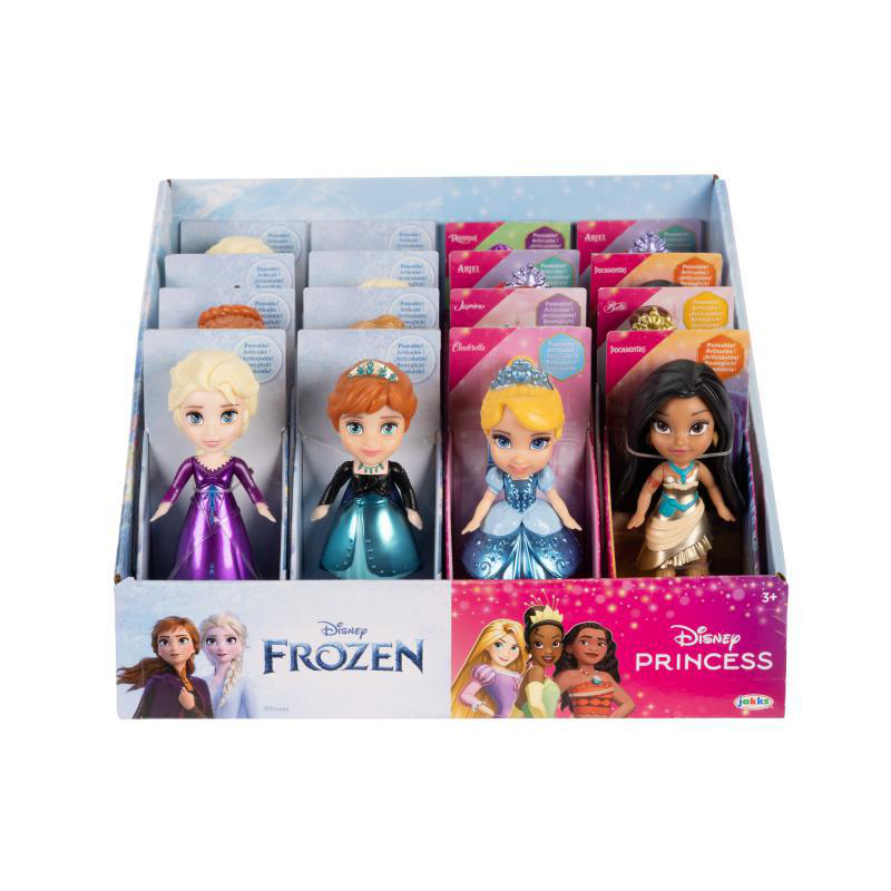 Box mit Disney-Prinzessinnen-Puppen. Puppen von Elsa, Anna, Cinderella und Pocahontas sind sichtbar.