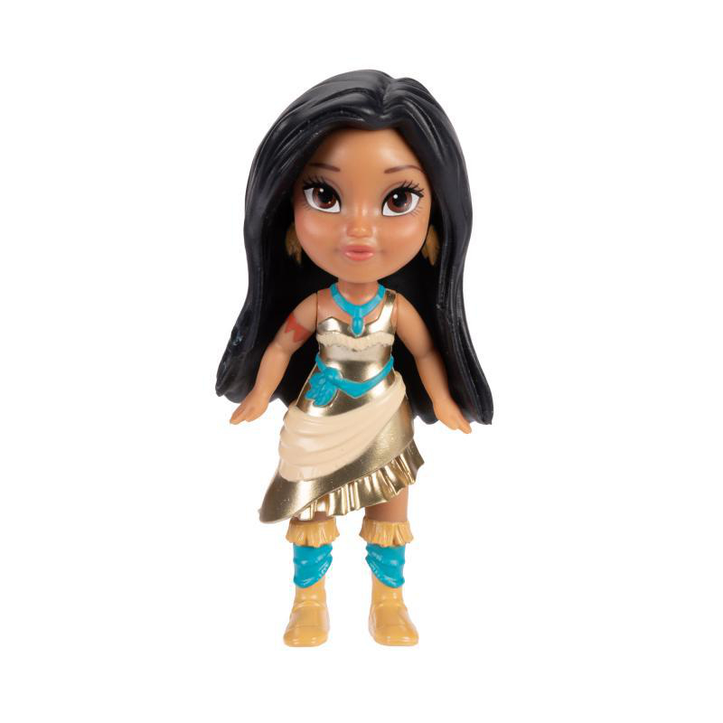 Pocahontas-Puppe in einem goldenen Kleid und blauen Akzenten.