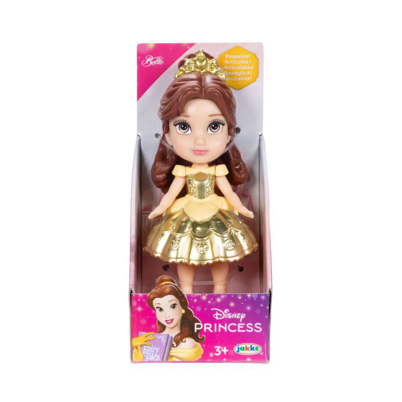Eine Belle-Puppe in einer Box, die ein gelbes Kleid trägt. Die Box hat Disney Princess-Branding.