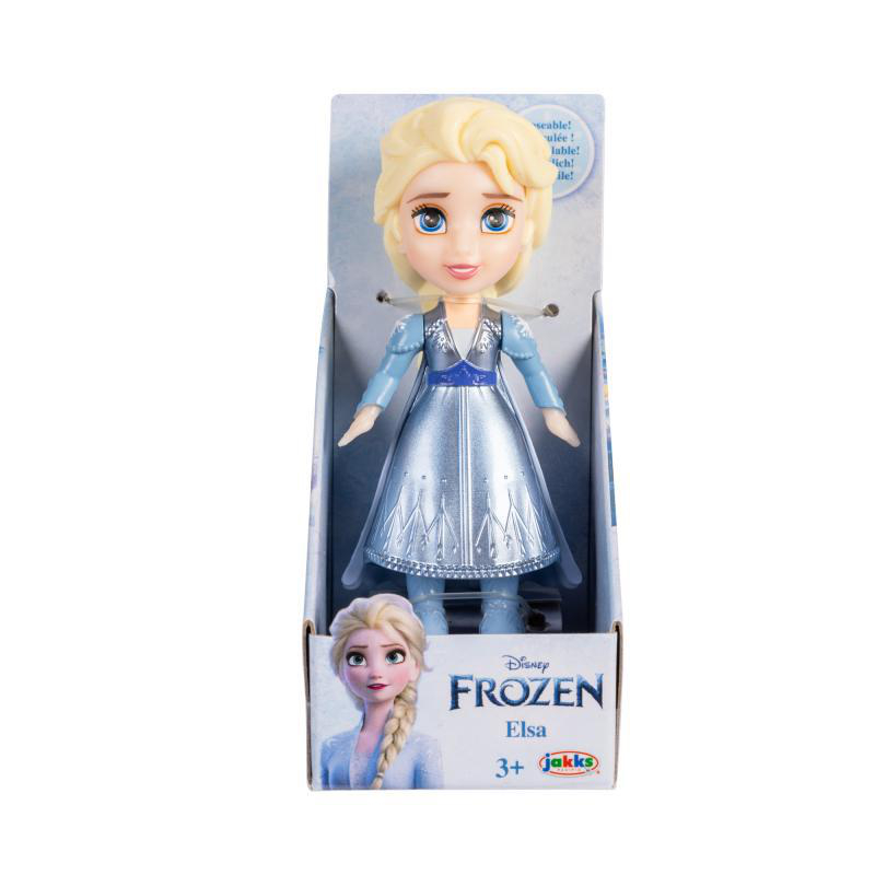 Frozen Elsa Puppe in einer Box. Blondes Haar, blaues Kleid und ein silbernes Kleid. Die Box hat Bilder.