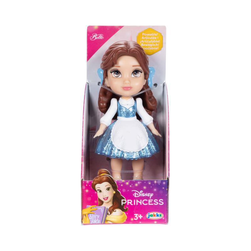 Eine Disney Belle-Puppe in einer Box mit einem Bild der Figur.