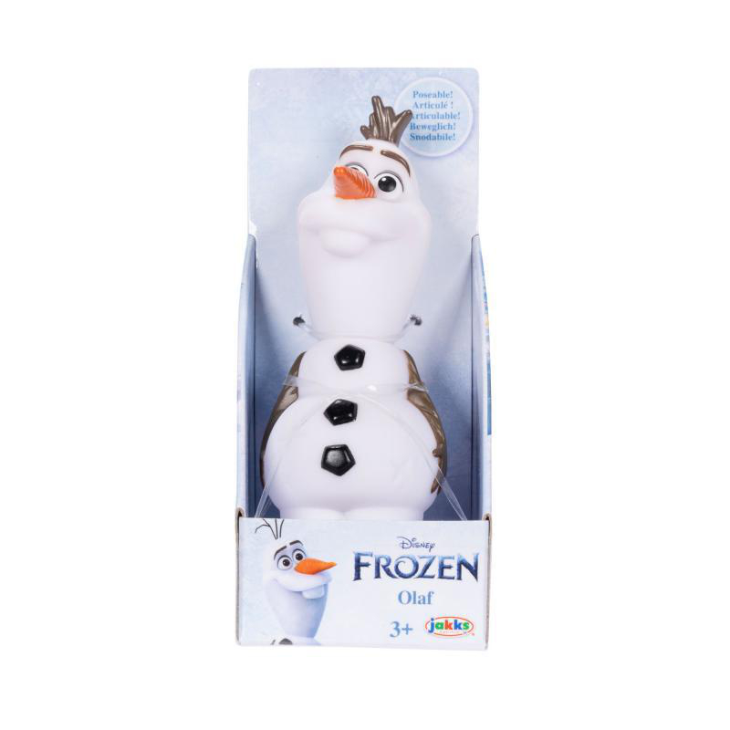 Olaf-Spielzeug aus dem Film Frozen in einer Box. Weiß mit schwarzen Knöpfen und oranger Nase.