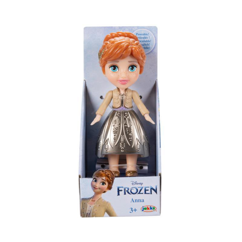 Eine Disney Frozen Anna-Puppe in einer Box, gekleidet in einem Gold- und Silber-Outfit.