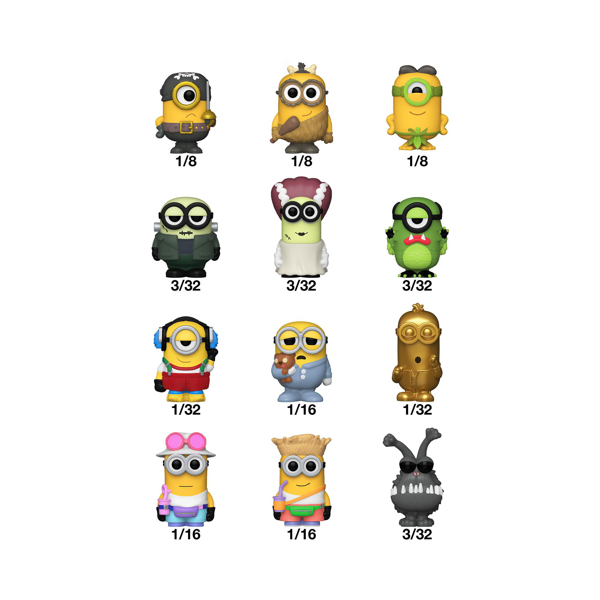 Minion-Figuren in verschiedenen Kostümen, stehend. Weißer Hintergrund. Jede Figur hat ein Etikett.