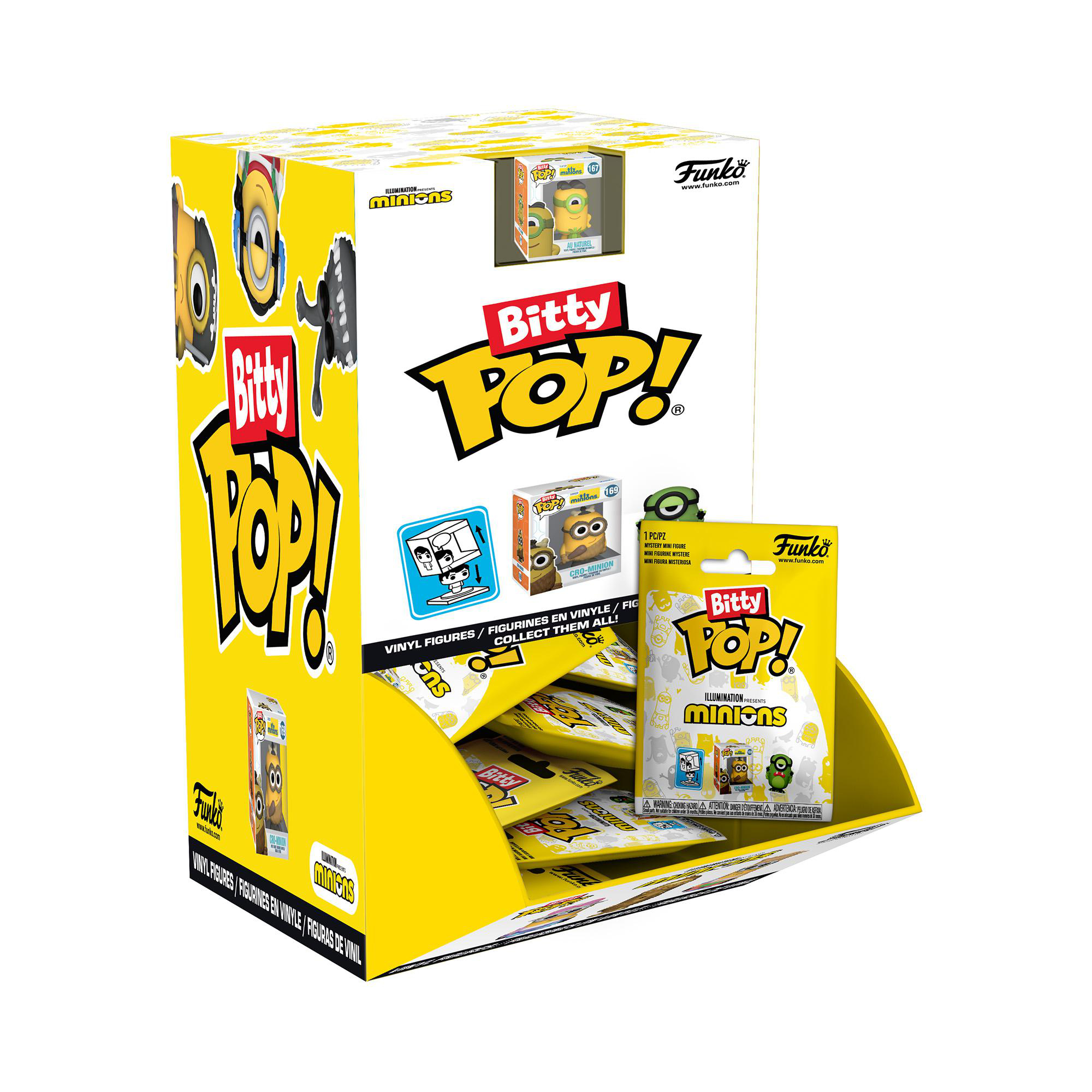 Bitty Pop! Minions Displaybox mit mehreren Bitty Pop Figuren und Blind Bags.
