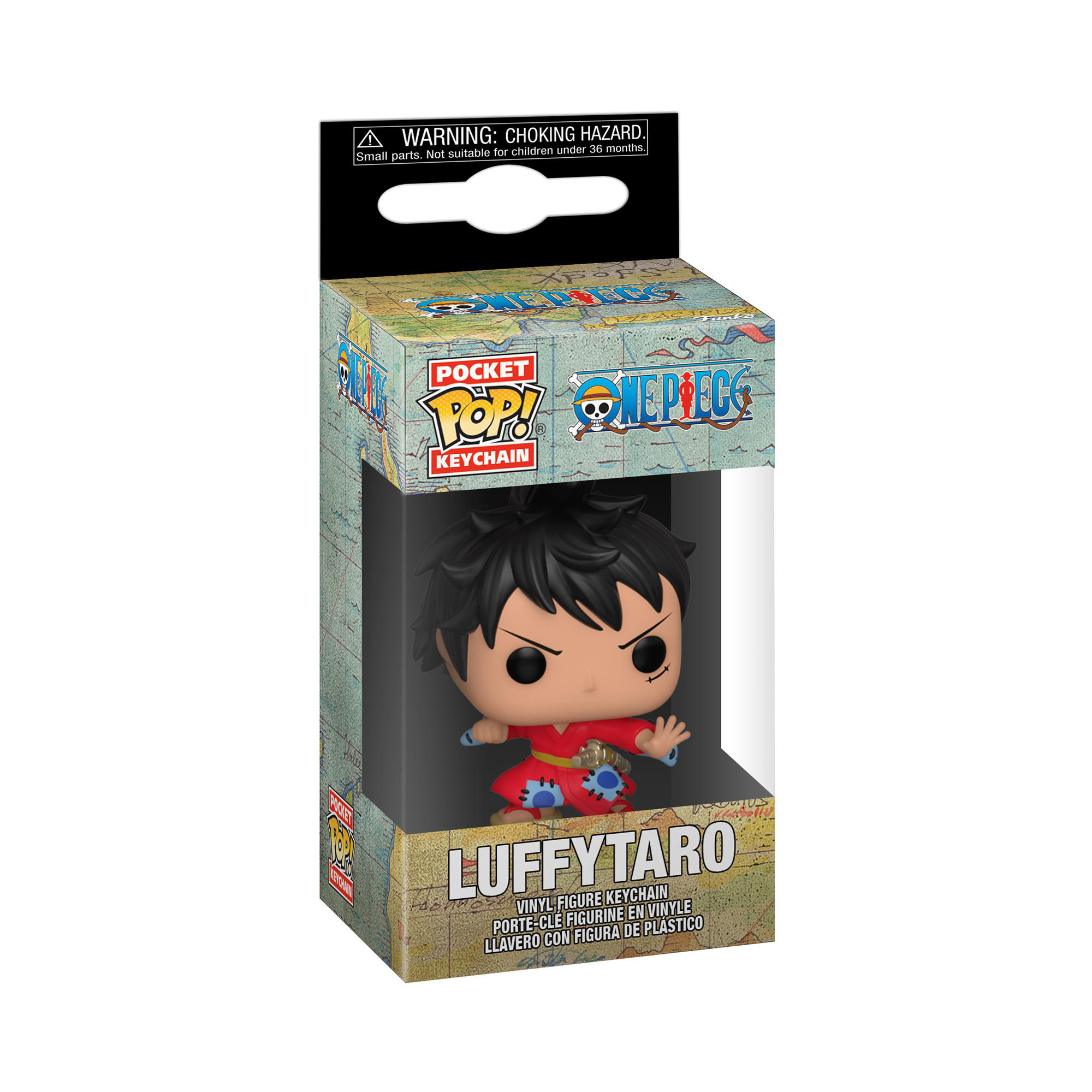 Pocket Pop Schlüsselanhänger-Box. LuffyTaro-Figur. Box ist bunt mit Kartenhintergrund.