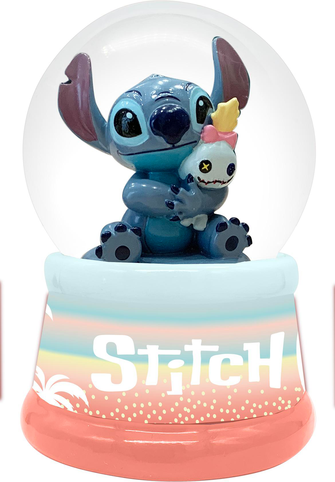 Stitch-Schneekugel; blaue Stitch-Figur, die eine kleine Figur in einer Glaskuppel hält, auf einem Sockel sitzend.