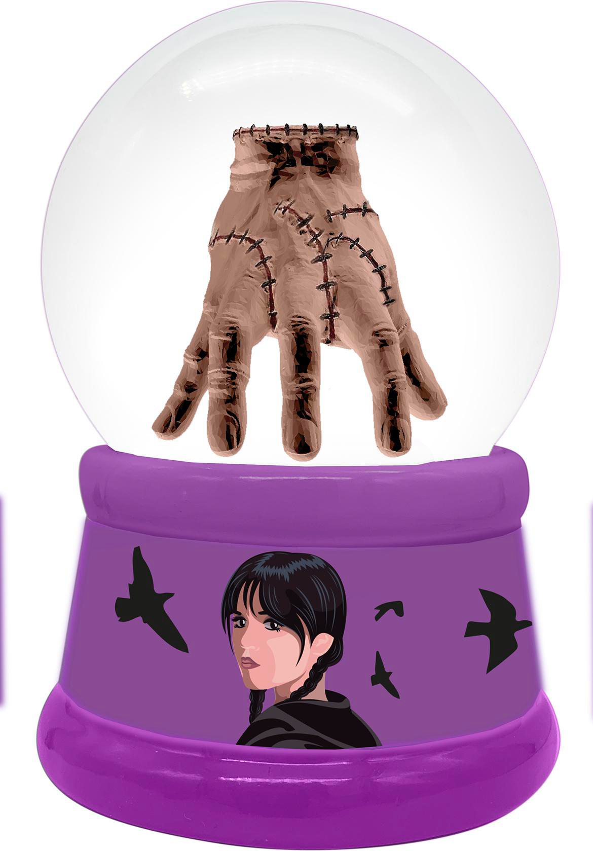 Eine Hand in einer Schneekugel. Die Hand ist genäht, und Wednesday ist am Sockel.
