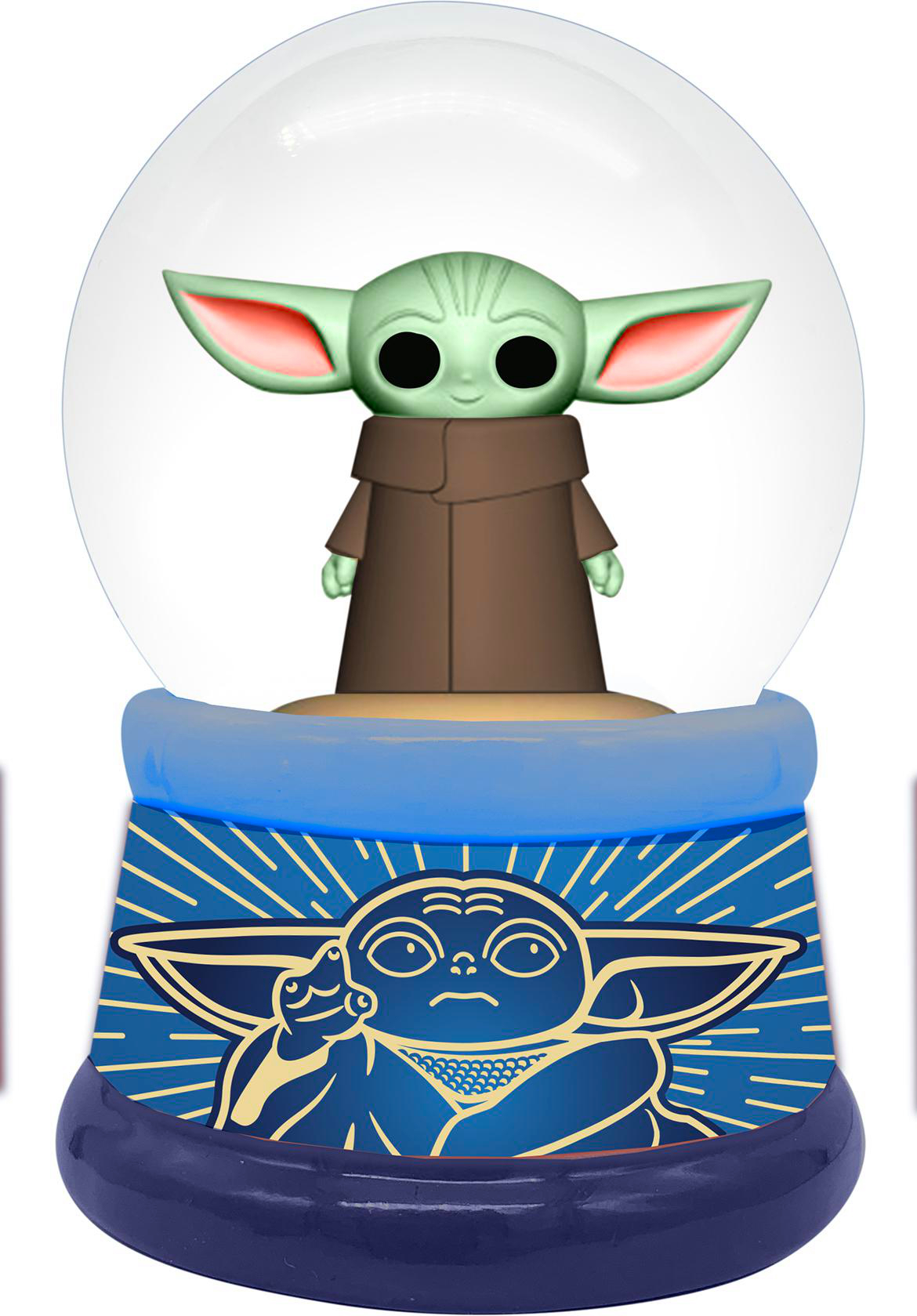 Grogu-Figur in einer Schneekugel. Die Basis hat Grogu-Bild und blaues Design.
