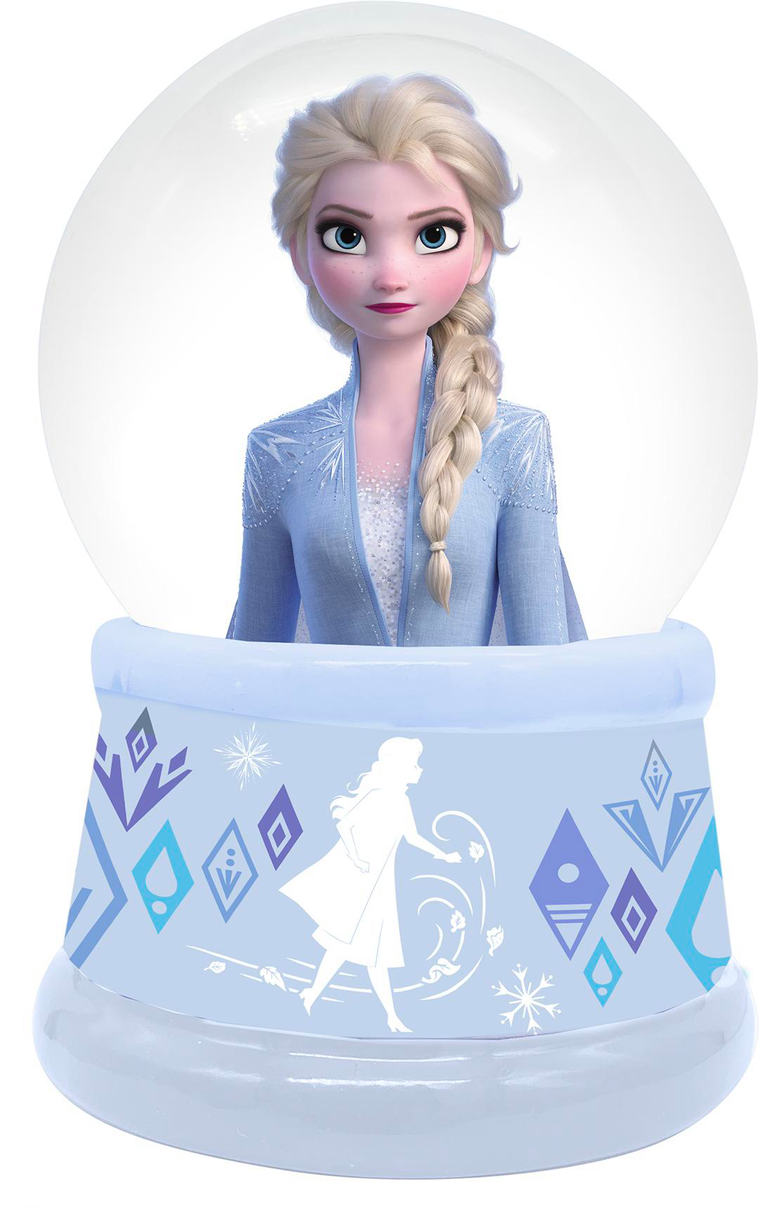 Elsa aus Frozen in einer Schneekugel, mit blauem Sockel mit Schneeflocken und Diamanten.
