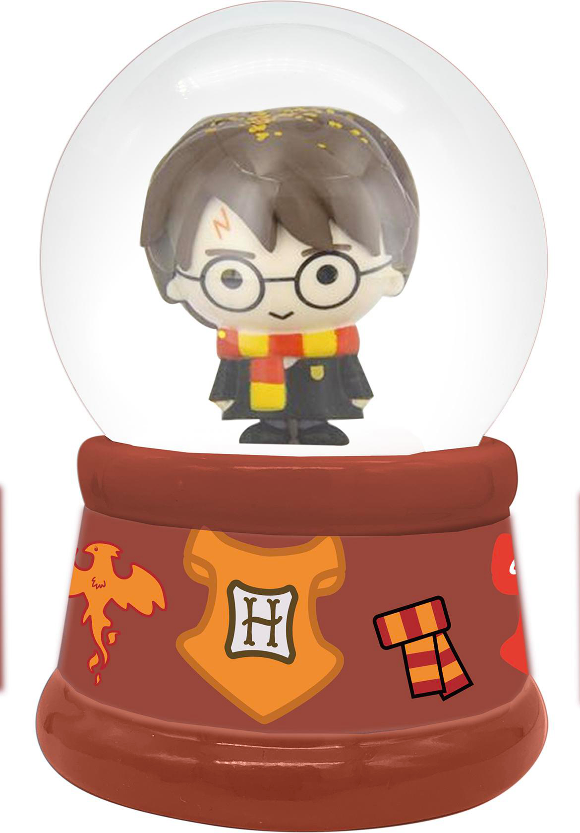 Harry-Potter-Schneekugel. Harry-Figur im Inneren, die Basis hat Hogwarts-Symbole. Der Hintergrund ist weiß.
