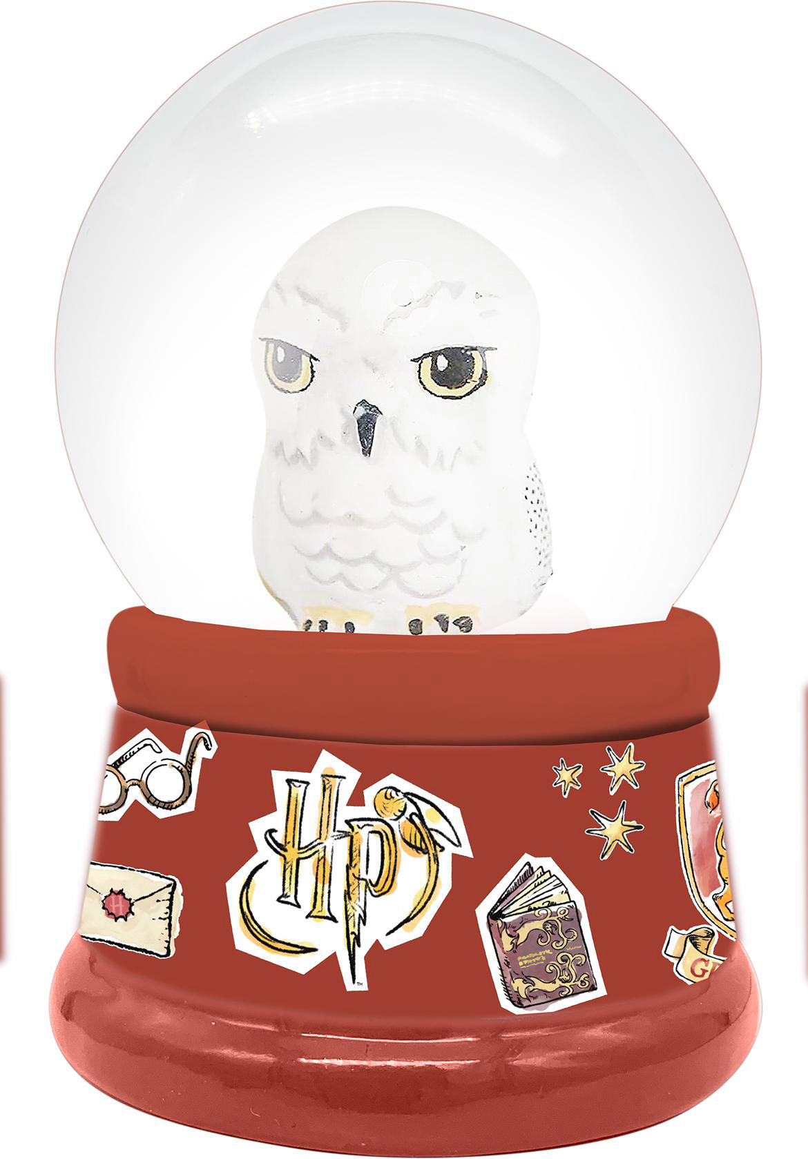 Schneekugel mit einer weißen Eulenfigur auf roter Basis mit Harry-Potter-Details.