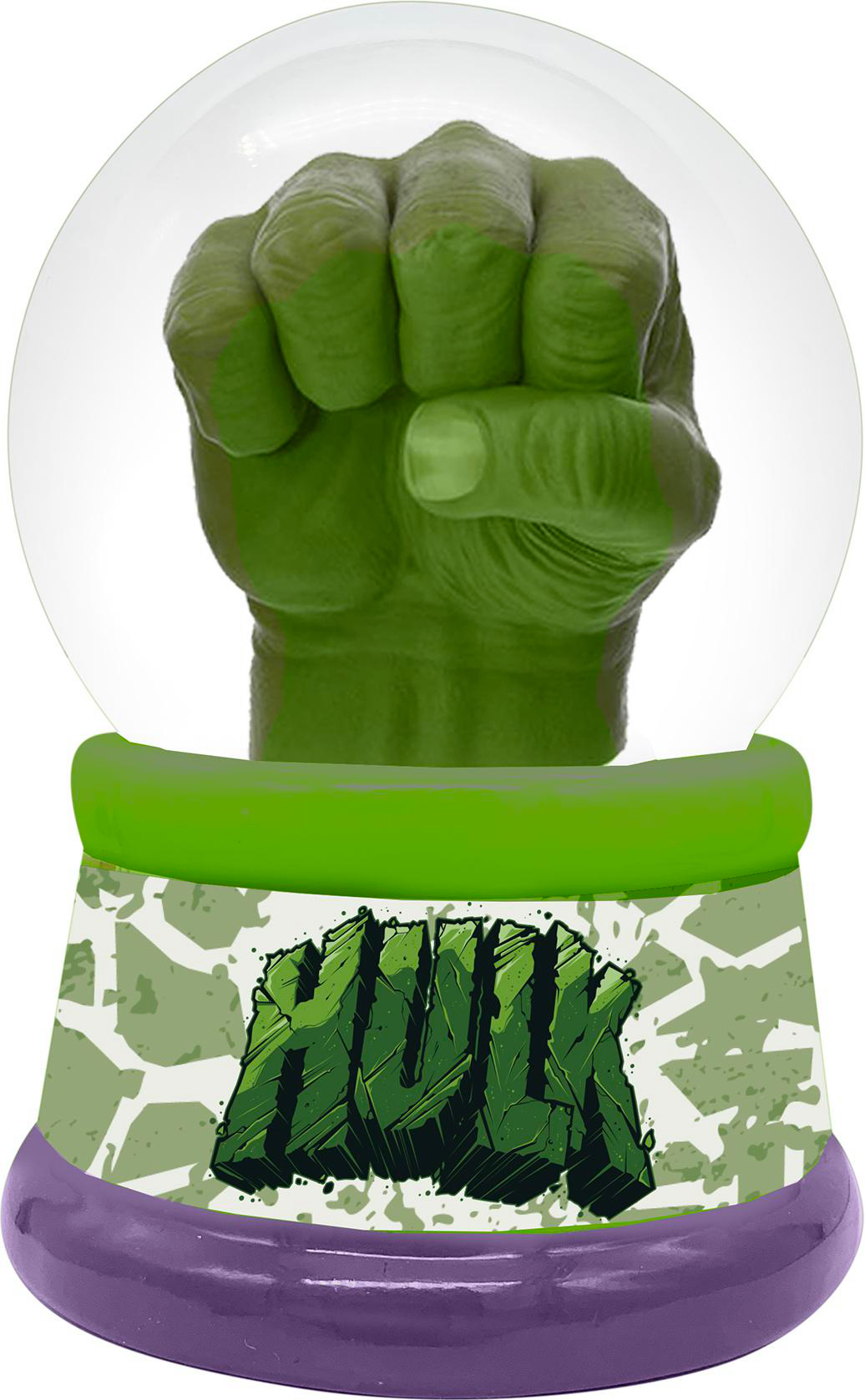 Hulks grüne Faust in einer Schneekugel. Der Sockel sagt 'HULK' in grünen Buchstaben.