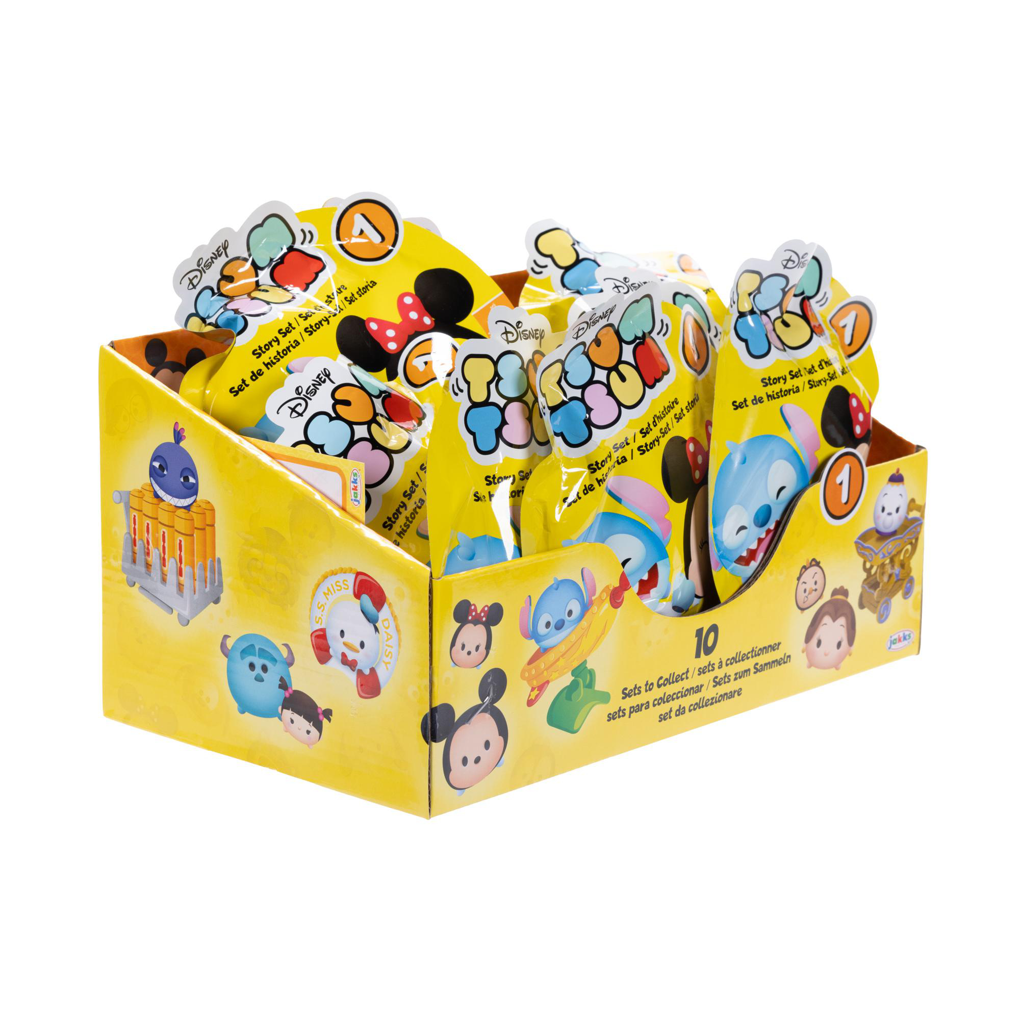 Gelbe Displaybox mit Disney Tsum Tsum Blind Bags, verschiedene Charaktere sichtbar.