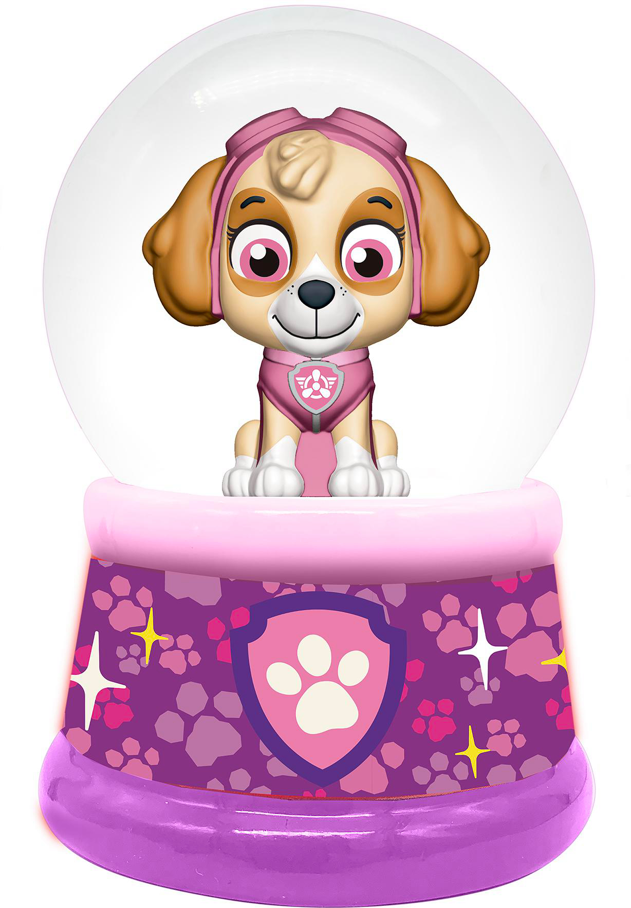 Paw Patrol Schneekugel mit Skye. Rosa Basis, klare Kugel.