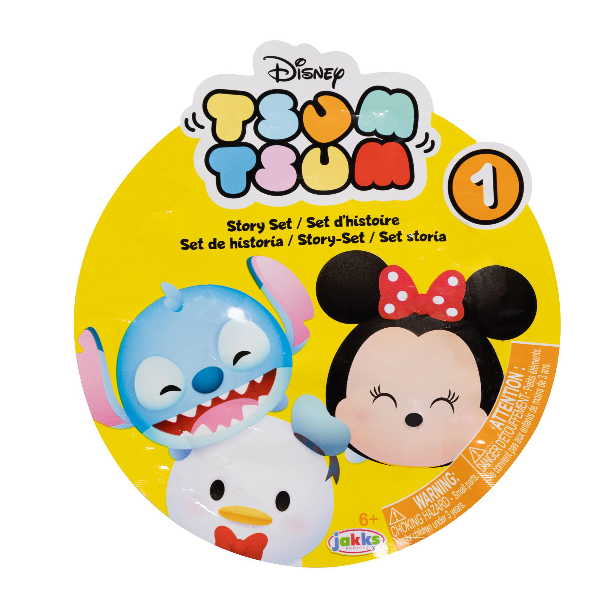 Tsum Tsum-Paket mit Stitch, Minnie Mouse und Donald Duck-Charakteren.