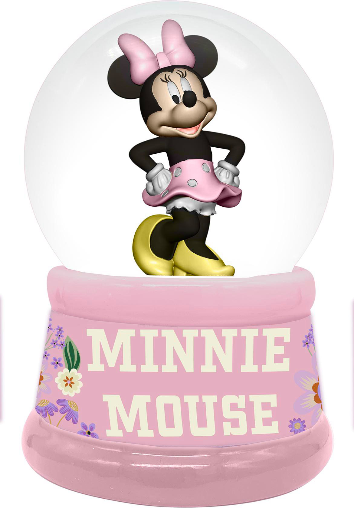 Minnie Mouse Schneekugel, rosa Sockel mit Blumendesign. Minnie steht darin.