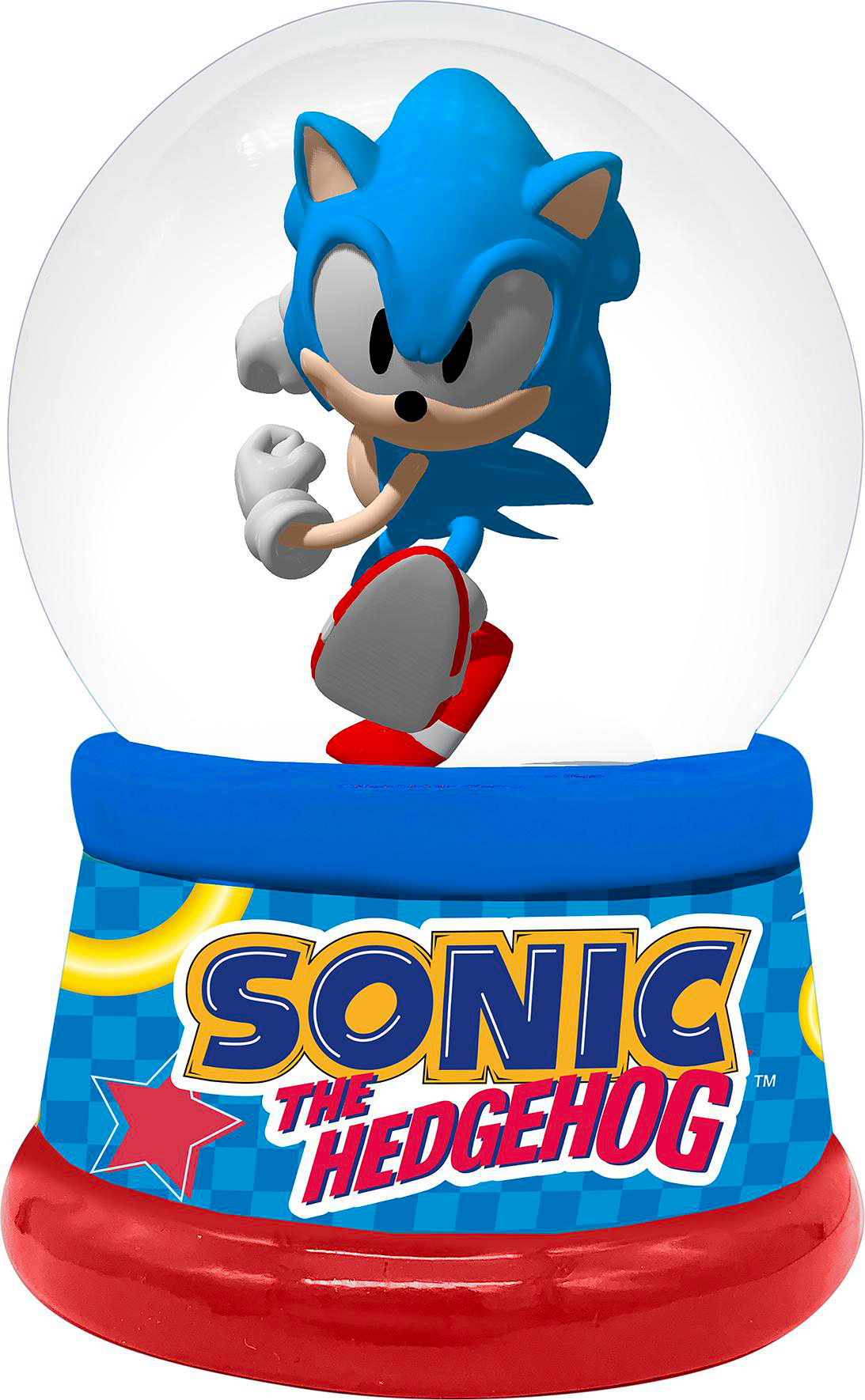 Sonic the Hedgehog Schneekugel. Sonic-Figur innen auf Weiß.