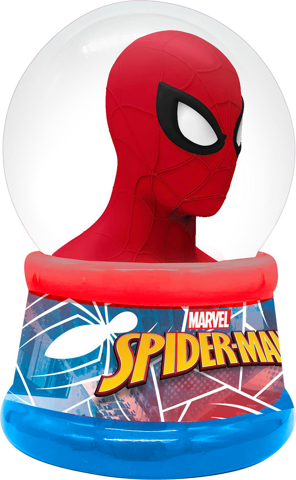 Spider-Man-Schneekugel. Roter und blauer Sockel mit Spider-Mans Kopf darin.