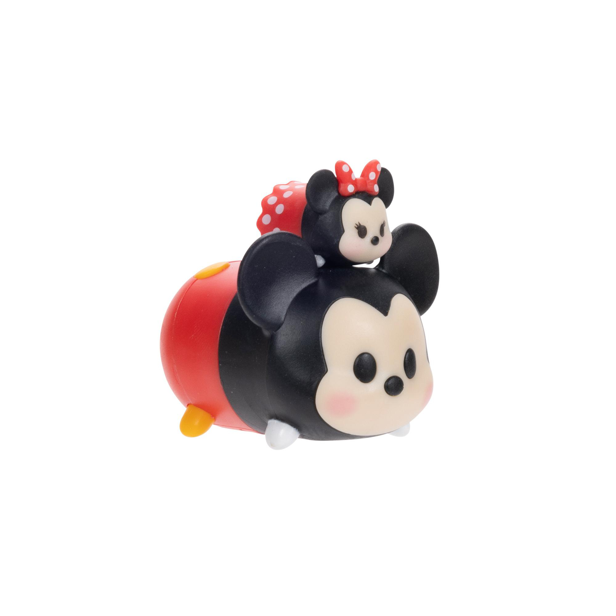 Zwei Tsum Tsum Figuren von Mickey und Minnie Maus, aufeinander gestapelt.