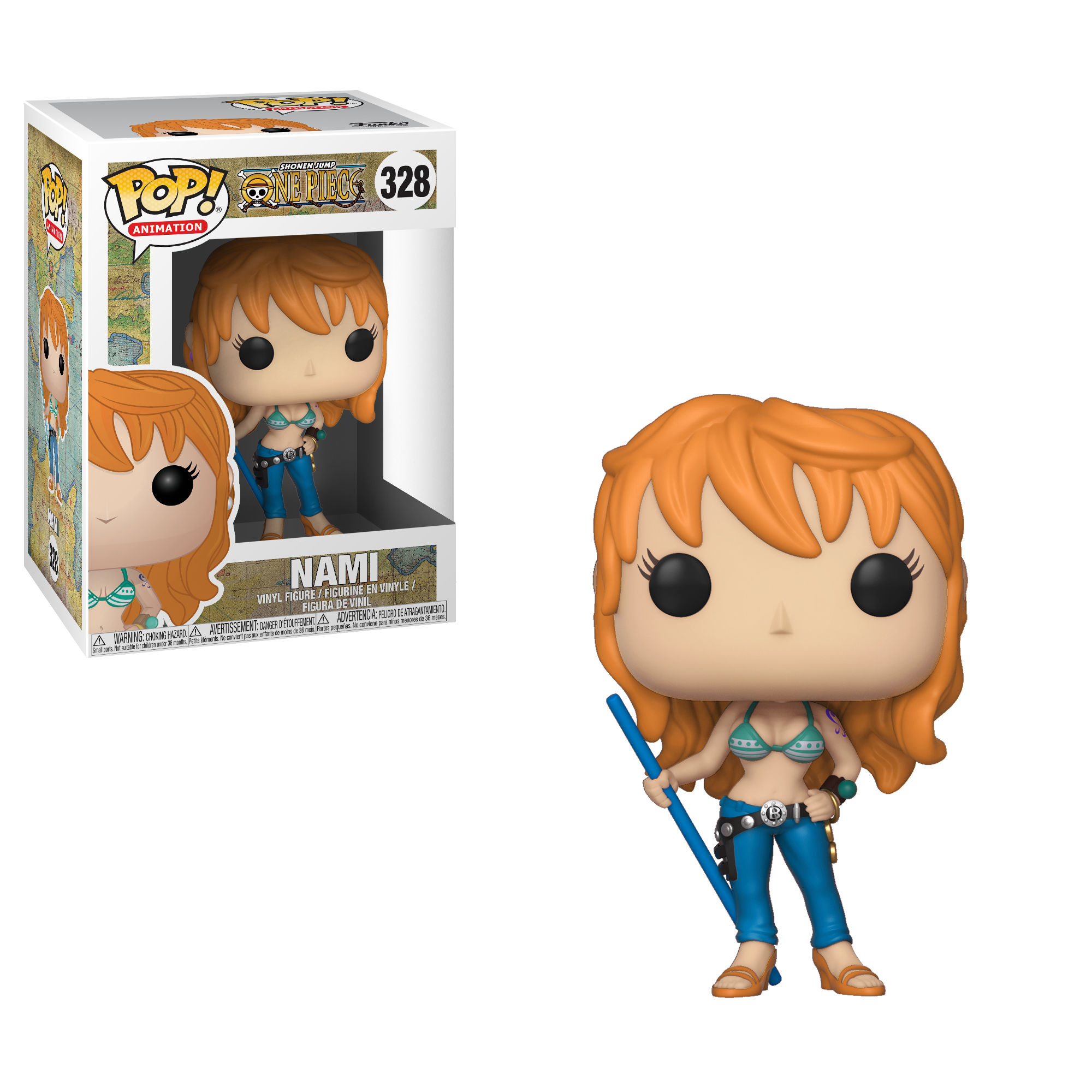 Nami-Figur aus One Piece, mit Box links.