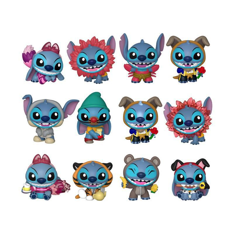 Eine Sammlung von Stitch-Figuren in verschiedenen Posen und Farben.