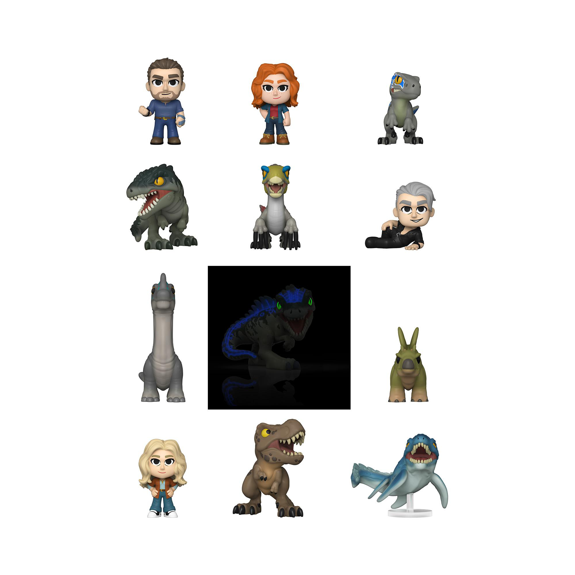 Verschiedene Funko Pop Figuren von Jurassic Park Charakteren auf weißem Hintergrund.