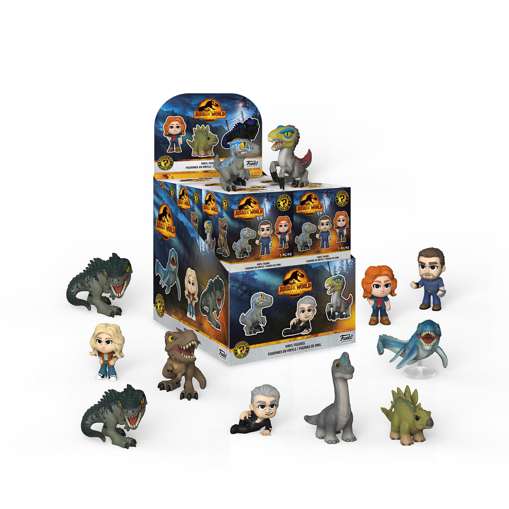 Box mit Jurassic World Funko Pop Figuren. Dinosaurier und Charaktere. Weißer Hintergrund. Sammlerstücke.