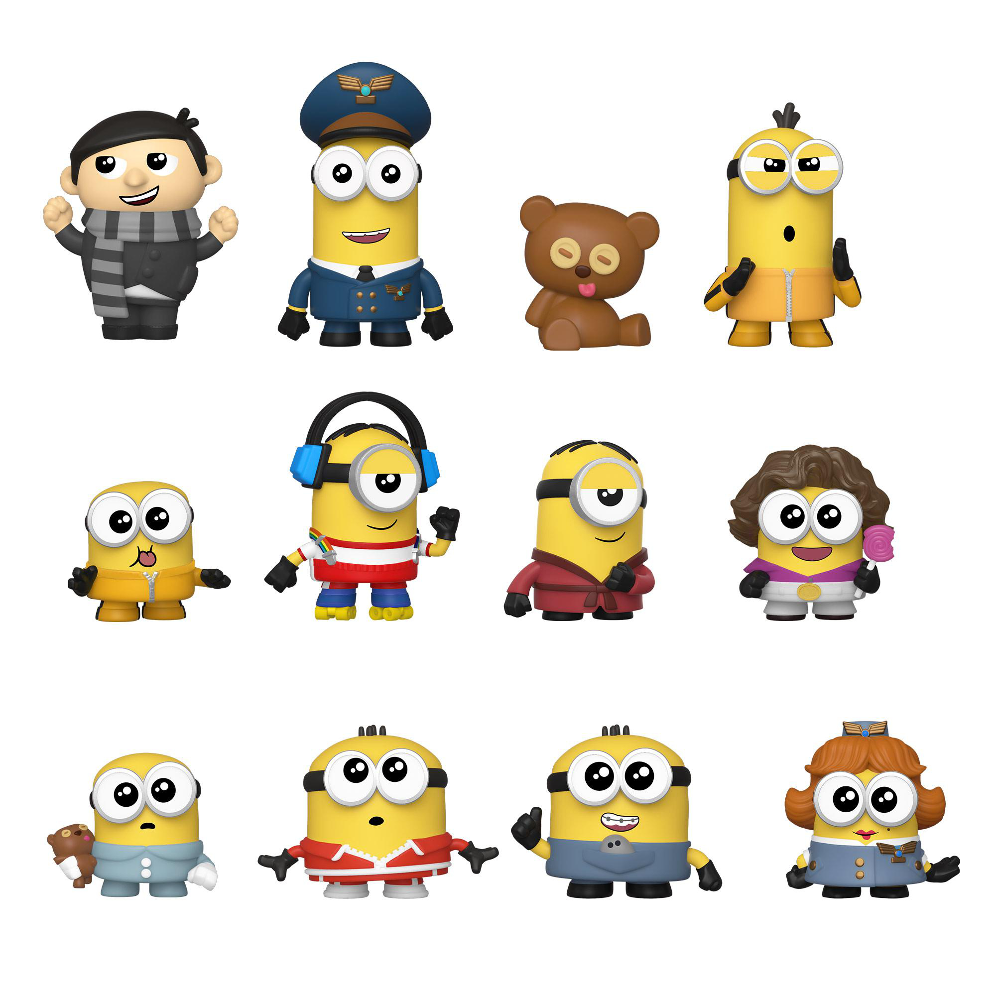 Zwölf Minions-Figuren in verschiedenen Outfits. Inklusive Bär, Pilot, Minion mit Kopfhörern und andere.