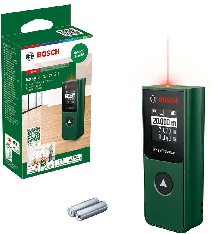 Egy zöld Bosch EasyDistance 20 lézeres távolságmérő a dobozával és az elemekkel.