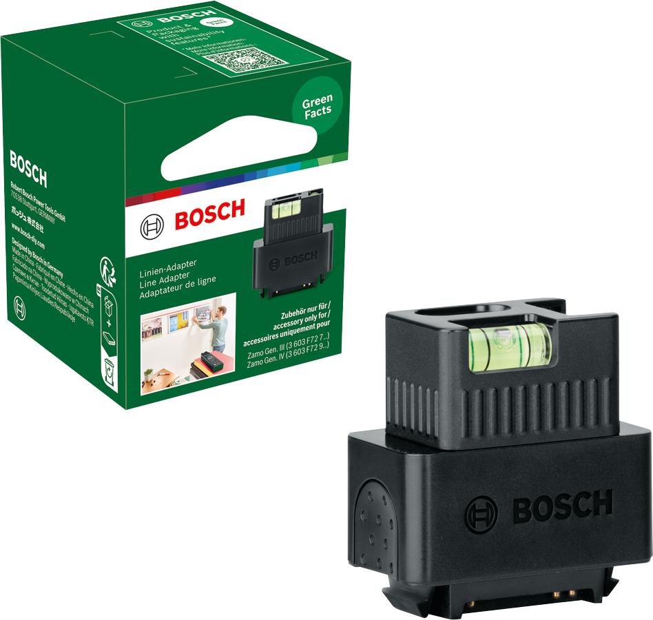 Fekete Bosch vonaladapter doboz és fekete vízmérték zöld buborékkal.