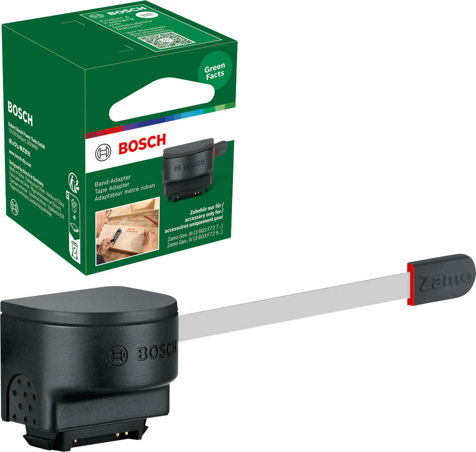 Bosch szalagadapter szalaggal és dobozzal, fekete és zöld. Tartozék a mérőszalagra.