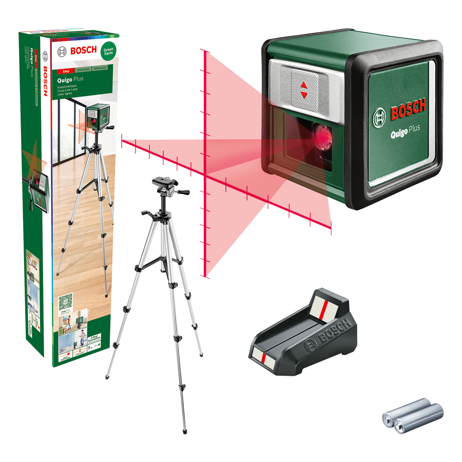 Bosch Quigo Plus lézeres szintező, állvánnyal, dobozzal és kiegészítőkkel.