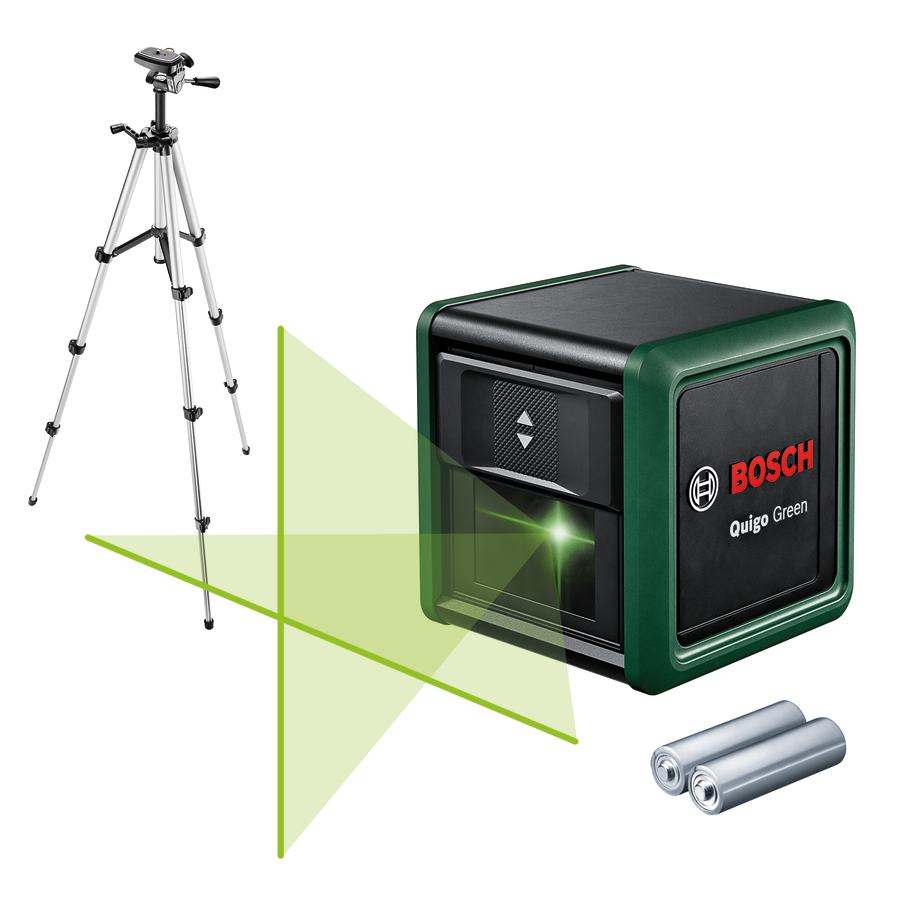 Bosch Quigo Green lézeres szintező, állvánnyal és két elemmel. Zöld lézersugarak láthatók.
