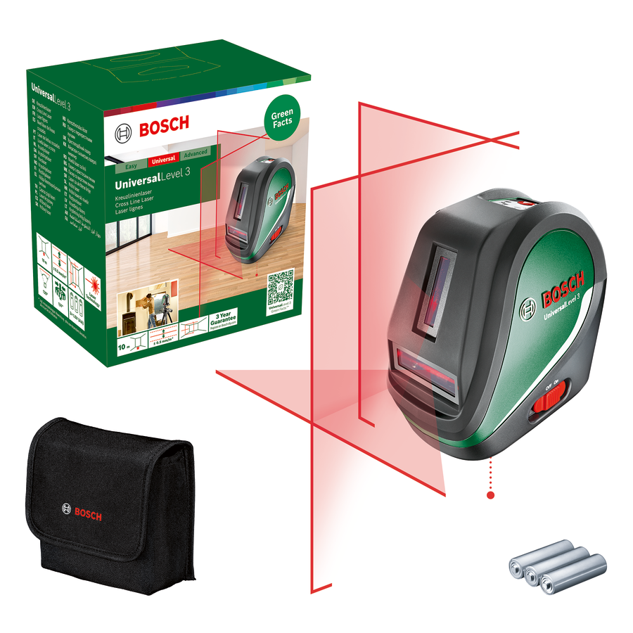 Bosch lézeres szintező tartozékokkal és dobozzal. Piros lézersugarak láthatók. Fehér háttér.