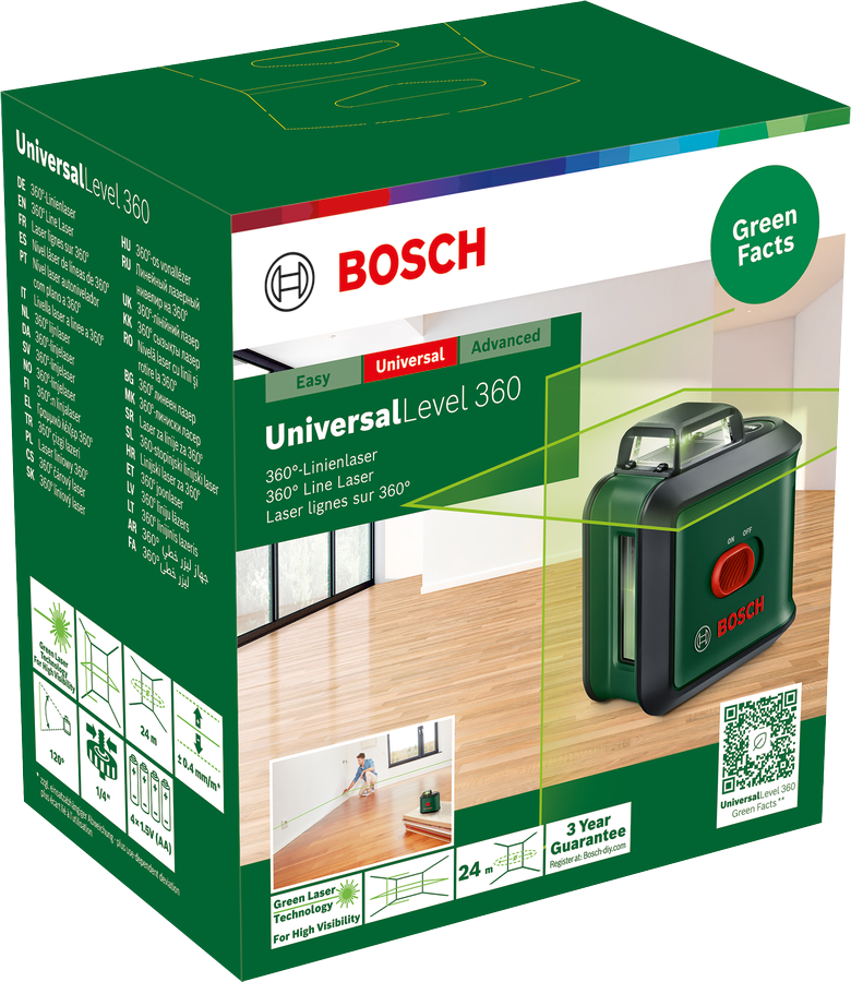 Bosch UniversalLevel 360 lézeres szintező doboz. Zöld és fehér, lézerhasználati ábrával.