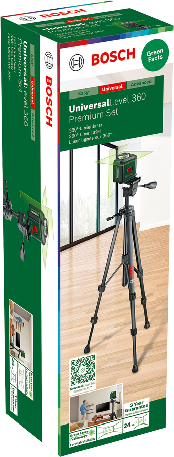 Bosch Universal Level 360 prémium készlet doboza és állványa fehér háttéren.