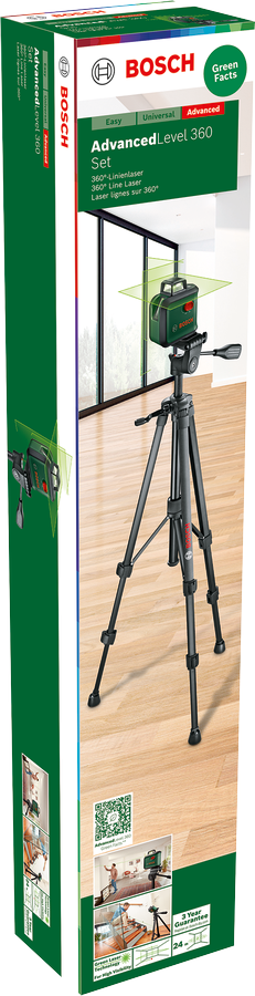 Bosch Advanced Level 360 készlet lézeres szintezővel és állvánnyal, zöld és fekete.